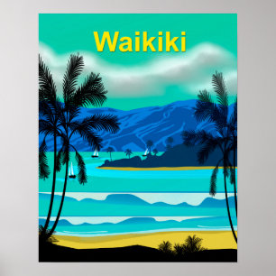 Póster Viagem de Waikiki Hawaii