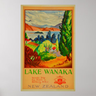 Póster Viagem de Wanaka Nova Zelândia do lago vintage
