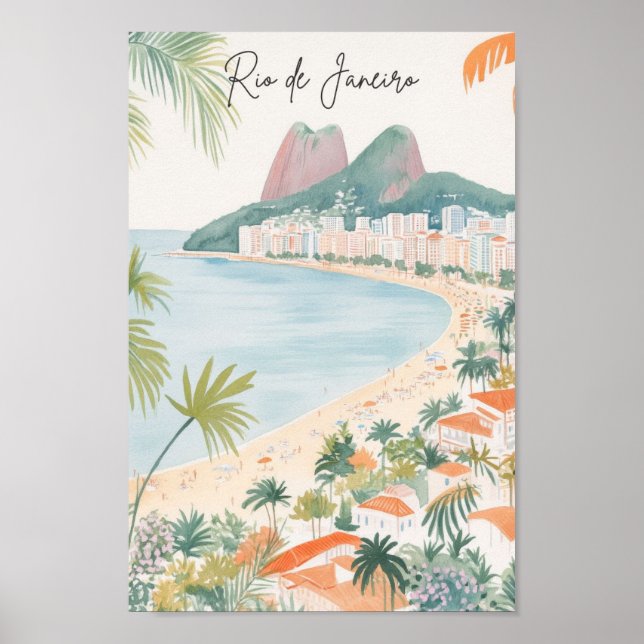 Poster Viagem do Brasil Gouache Ilustração do Rio de Jane (Frente)