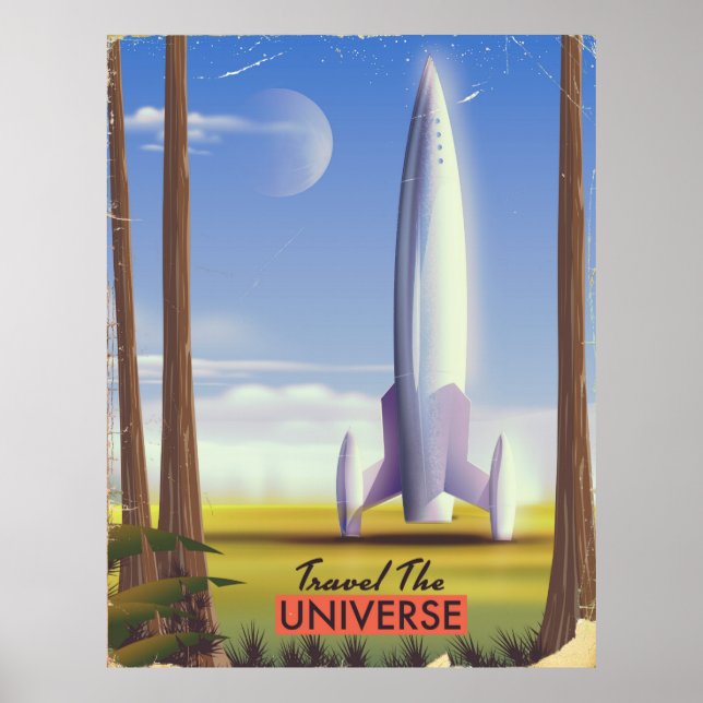 Póster Viagem do Universo retro arte espacial. (Frente)