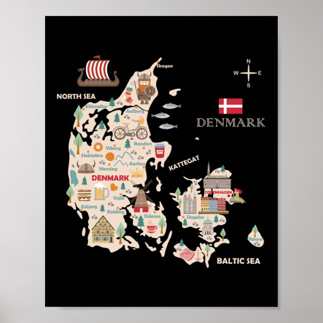 Poster Viagem Europe Dinamarca Mapa Copenhaga Família din (Frente)