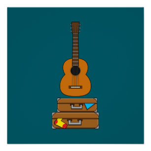 Póster Viagem Feliz com Bagagem e Guitarra