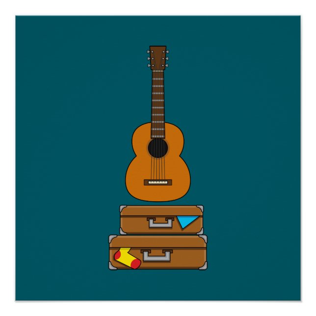 Póster Viagem Feliz com Bagagem e Guitarra  (Frente)