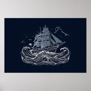 Poster Viagem majestosa do navio à vela dentro da popa