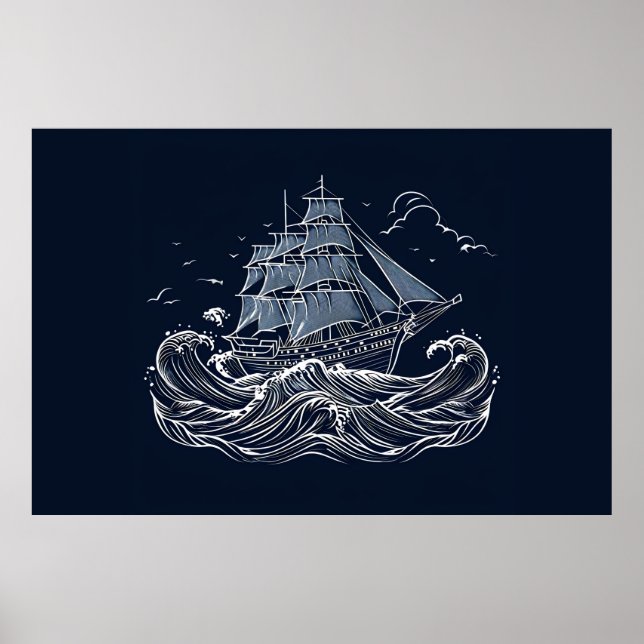 Poster Viagem majestosa do navio à vela dentro da popa (Frente)