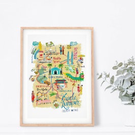 Poster Viagem mapa Kuala Lumpur amarelo Ásia ilustrativo