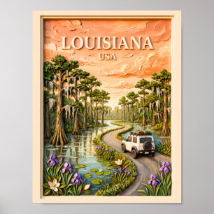 Poster Viagem pela Louisiana Vintage Pântano Bayou Textur