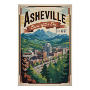 Póster Viagem Retro Asheville Carolina do Norte 