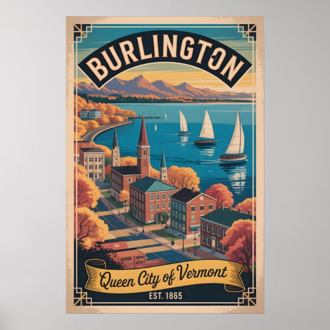 Poster Viagem Retro Burlington Vermont Antiga (Frente)