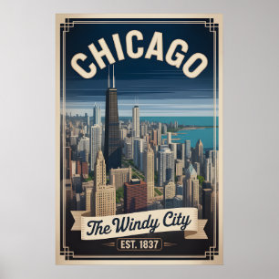 Poster Viagem Retro Cidade do Vento Chicago Illinois