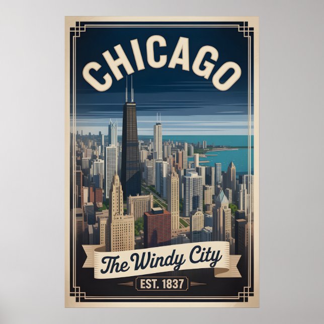 Poster Viagem Retro Cidade do Vento Chicago Illinois (Frente)