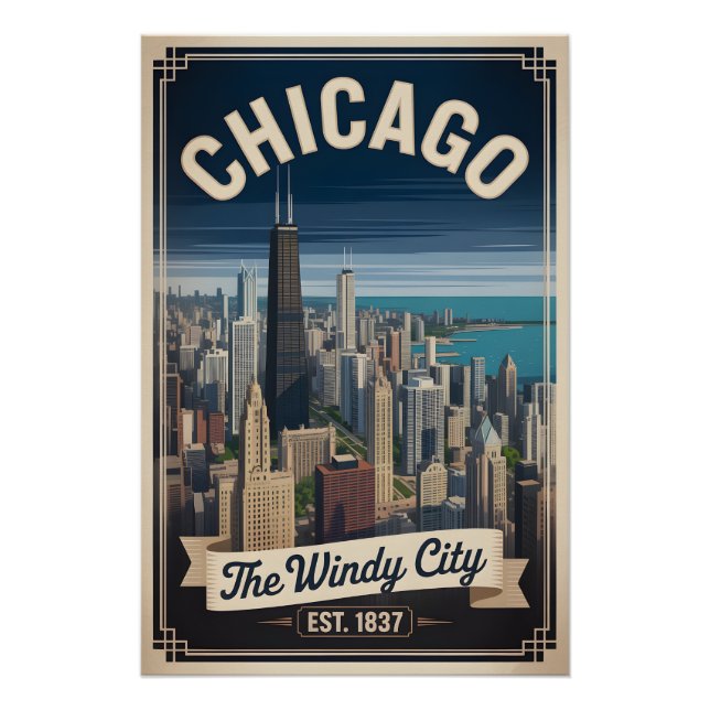 Póster Viagem Retro Cidade do Vento Chicago Illinois (Frente)