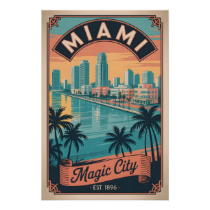 Póster Viagem Retro Cidade Mágica Miami Flórida