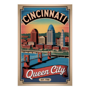 Póster Viagem Retro Cincinnati Ohio Cidade Rainha Vintage