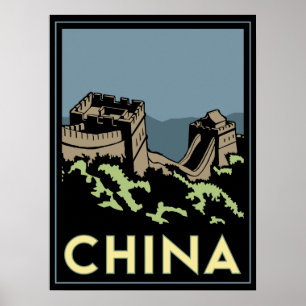 Poster viagem retro do art deco de Ásia do Grande Muralh
