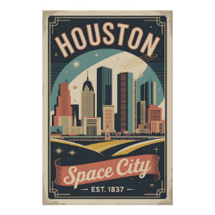 Póster Viagem Retro Espaço Cidade Houston Texas Vintage
