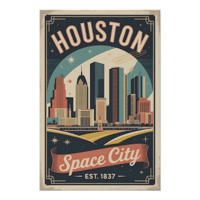 Póster Viagem Retro Espaço Cidade Houston Texas Vintage (Frente)