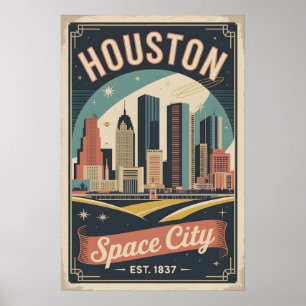 Poster Viagem Retro Espaço Cidade Houston Texas Vintage