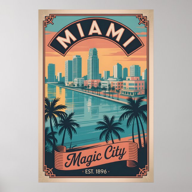 Poster Viagem Retro Miami Flórida Cidade Mágica (Frente)