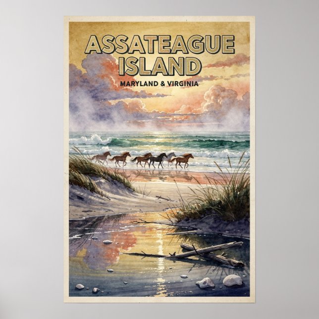 Poster Viagem Retro para a Ilha de Assateague (Frente)