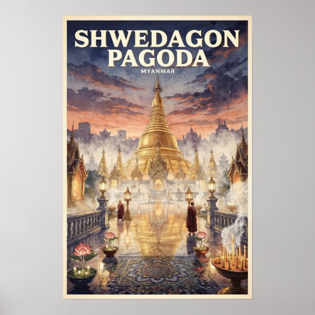 Poster Viagem Vintage Pagode Shwedagon (Frente)