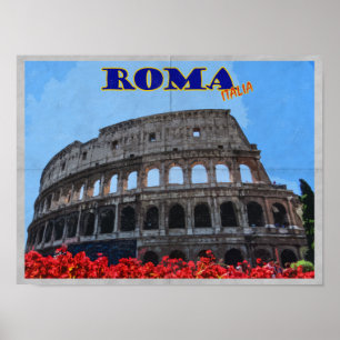 Poster Viagens vintage afligidas Italia de Roma Colosseum