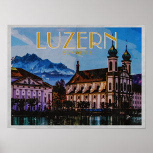 Póster Viagens vintage afligidas suíço de Luzern da