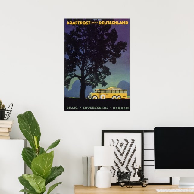 Póster Viagens vintage, Alemanha, ônibus amarelo à noite (Escritório em casa)