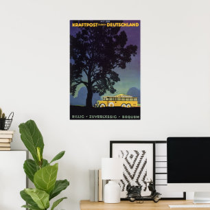 Póster Viagens vintage, Alemanha, ônibus amarelo na noit