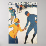 Póster Viagens vintage, Art Deco, Suiça de Winter Davos<br><div class="desc">Anúncio de ilustração de safra,  etiqueta europeia de poster de viagens ou bagagem de Davos,  Suiça com design esportivo de amor e romance com patinação de gelo casal. Inverno em Davos.</div>