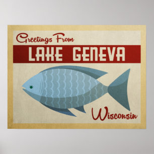 Poster Viagens vintage Azul de Peixe do Lago Genebra Wisc