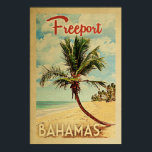 Poster Viagens vintage da Árvore Palm Freeport<br><div class="desc">Um impressão de arte moderna das Bahamas Freeport do século médio,  em estilo viagens vintage. Ele apresenta uma palmeira curva na praia arenosa com oceano sob um céu azul nublado.</div>