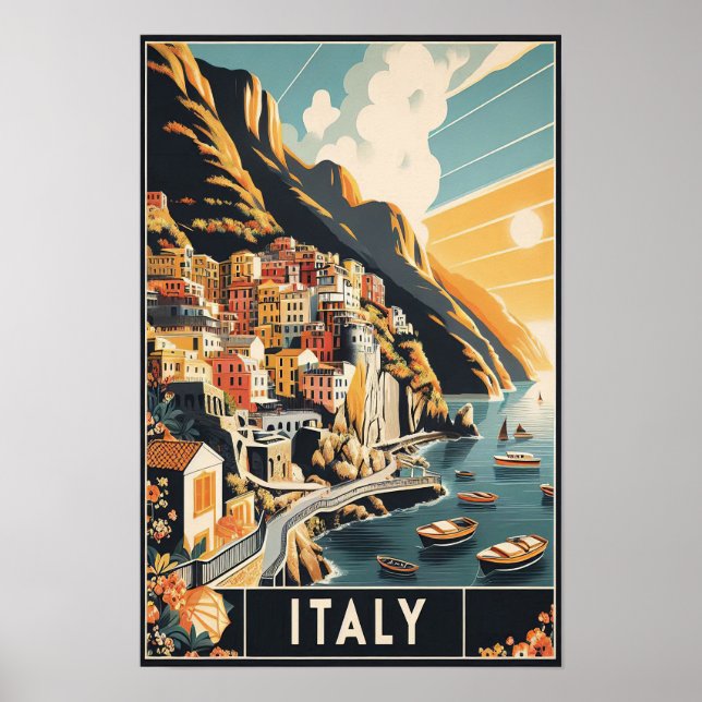 Poster Viagens vintage da Costa do Amalfi Itália (Frente)