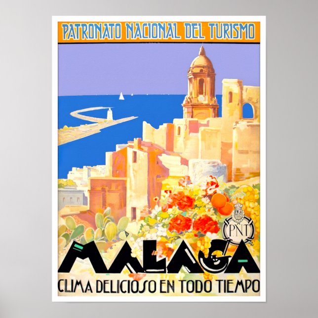 Poster Viagens vintage da Espanha de Málaga (Frente)