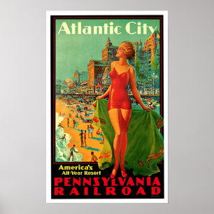 Poster Viagens vintage da menina de Atlantic City