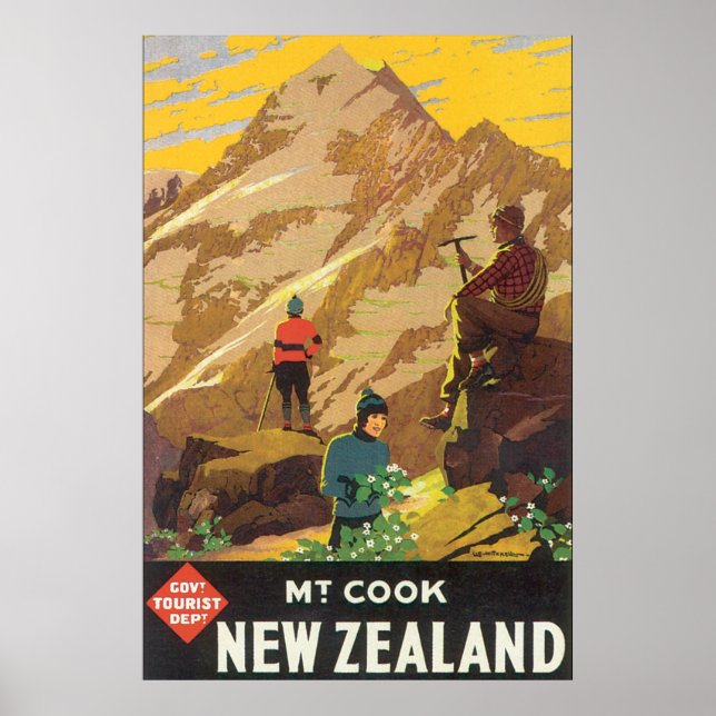 Póster Viagens vintage da Nova Zelândia do Mt Cook (Frente)