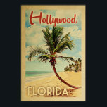 Poster Viagens vintage da Palmeira de Hollywood<br><div class="desc">Um impressão de arte moderna do século médio em Hollywood,  em estilo poster viagens vintage. Ele apresenta uma palmeira curva na praia arenosa com oceano sob um céu azul nublado.</div>
