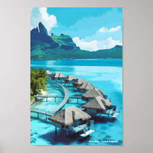 Poster Viagens vintage da Polinésia Francesa Bora Bora Bo