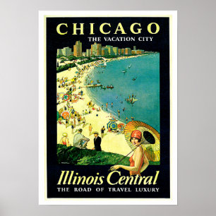 Póster Viagens vintage da praia de Chicago Illinois