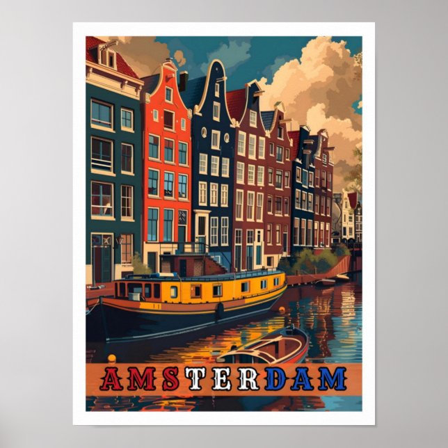 Poster Viagens vintage de Amsterdã Holanda (Frente)