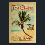 Poster Viagens vintage de Árvore de Charlotte Palm<br><div class="desc">Um impressão de arte do século médio moderno Port Charlotte Florida no estilo viagens vintage. Ele apresenta uma palmeira curva na praia arenosa com oceano sob um céu azul nublado.</div>
