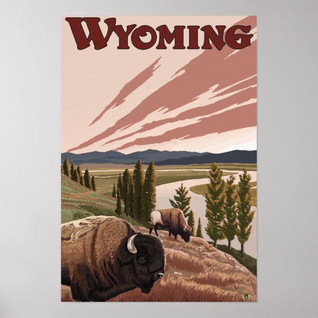 Poster Viagens vintage de Bison River Yellowstone (Frente)