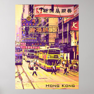 Poster viagens vintage de cena de rua em Hong Kong