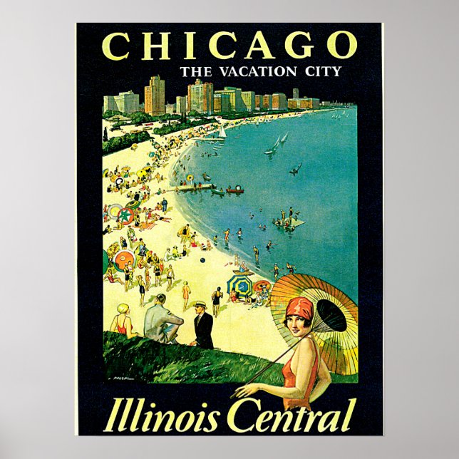 Póster Viagens vintage de Chicago Illinois Beach (Frente)