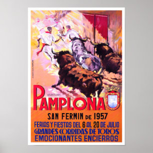 Poster viagens vintage de Espanha Pamplona 1957