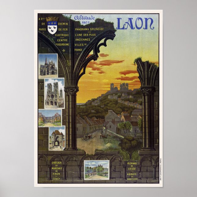 Poster Viagens vintage de Laon France, 1912 (Frente)