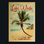 Poster Viagens vintage de Palmeira Lake Worth<br><div class="desc">Um impressão de arte do século médio moderno do Lago Worth Florida no estilo viagens vintage. Ele apresenta uma palmeira curva na praia arenosa com oceano sob um céu azul nublado.</div>