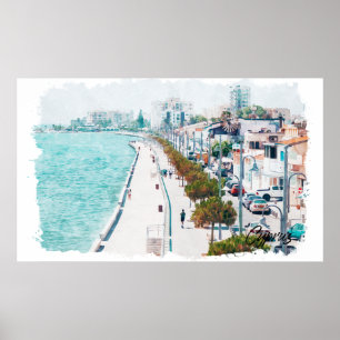 Poster Viagens vintage de praia de Watercolor de Chipre