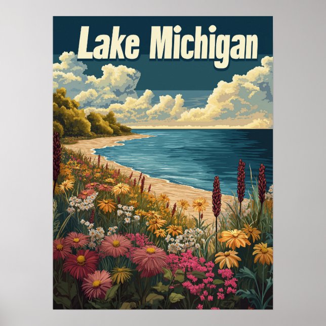 Poster Viagens vintage do Lago Michigan (Frente)