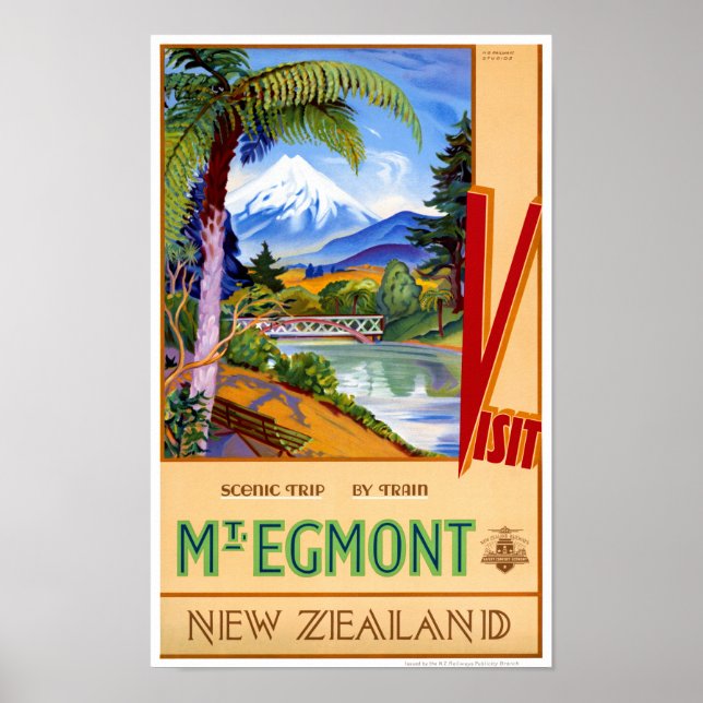 Póster Viagens vintage do Mt. Egmont Nova Zelândia (Frente)
